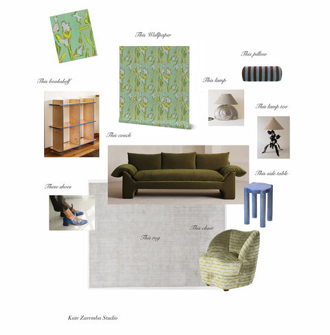 Interior design moodboard with olive sofa, green floral wallpaper, blue side table, and chartreuse chair